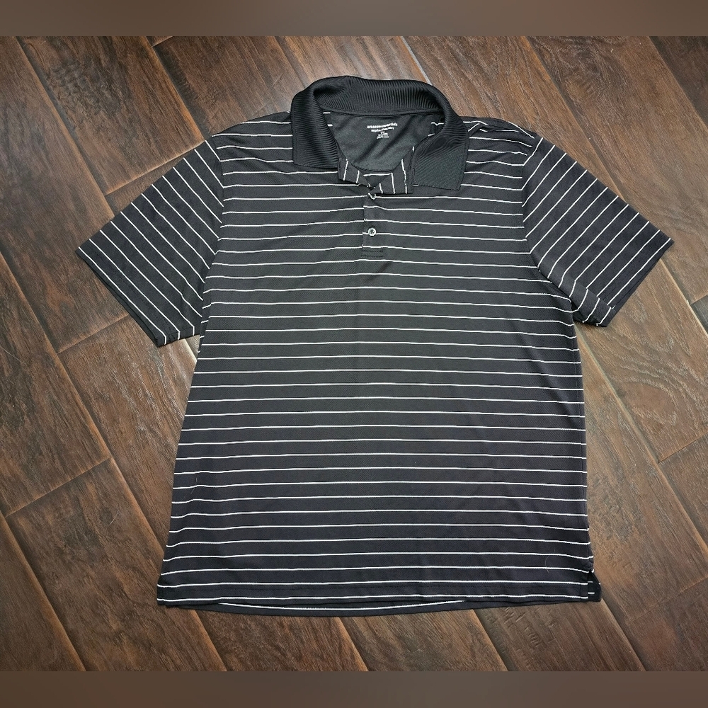 Amazon Essentials Mens Black White Stripe Collared Casual Polo Top Large